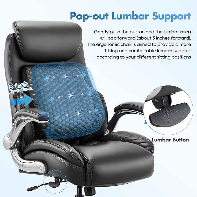 COLAMY Office Ergonomic Desk High Back Executive Chair with Pop-Out Lumbar Support, Upgraded Casters, Adjustable Headrest, Flip-Up Arms, Leather Home with Thick Cushion for Comfort - Black