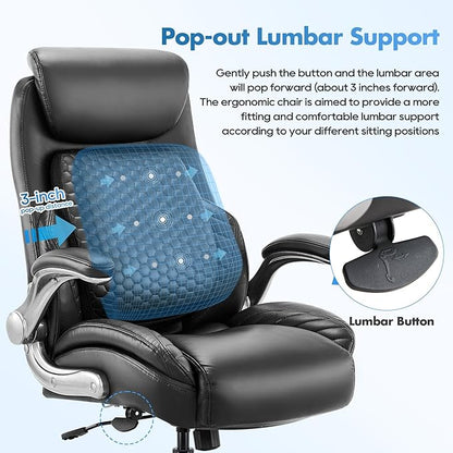 COLAMY Office Ergonomic Desk High Back Executive Chair with Pop-Out Lumbar Support, Upgraded Casters, Adjustable Headrest, Flip-Up Arms, Leather Home with Thick Cushion for Comfort - Black