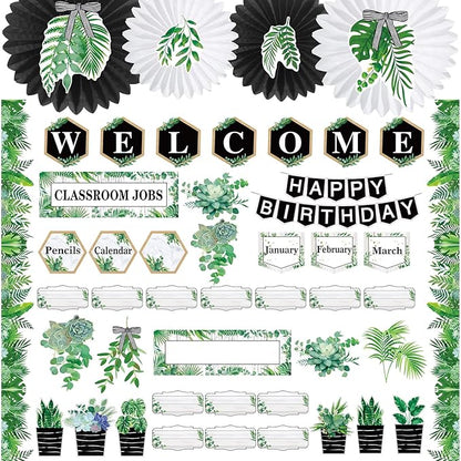 Kosiz Plant Classroom Decorations Sets Boho Greenery Bulletin Board Decor Included Welcome Banner Birthday Bulletin Board Class Jobs Chart for Eucalyptus Nature theme Back to School Classroom Decor