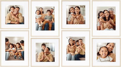 Camden Reed Arcadia 8 Piece Oversized Gallery Wall Frame, 11x14 and 11x11 inch matted frames for featuring 8x10 and 8x8 Inch Photographs or Art Prints, Natural Finish