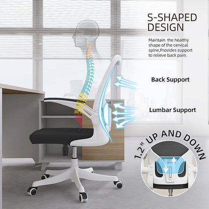 Monhey Office Chair - Ergonomic Office Chair with Lumbar Support & Flip Up Arms Home Office Desk Chairs Rockable High Back Swivel Computer Chair White Frame & Black Mesh Study Chair