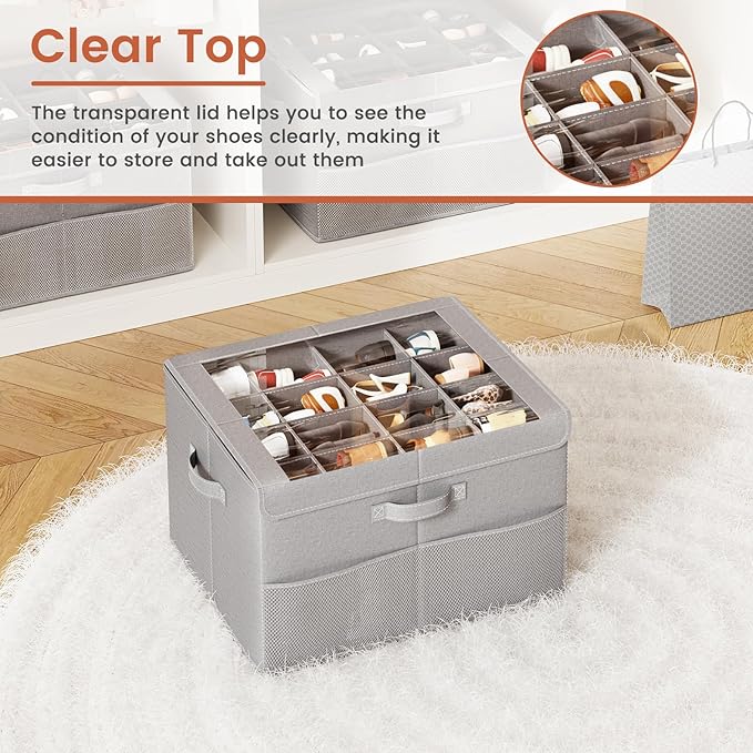 PHINOX Shoe Organizer for Closet, Fits up to 16 Pairs, Shoe Storage Bins with Clear Cover and Reinforced Handles, Foldable Shoe Storage Organizer, Space Saving Shoe Holder for Wardrobe, 2 Pack Grey