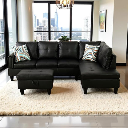 Couches for Living Room Faux Leather L Shaped Couch Comfy 3 Pieces Sectional Sofa with Chaise, Ottoman with Storage for Office and Small Apartment, Classic Black