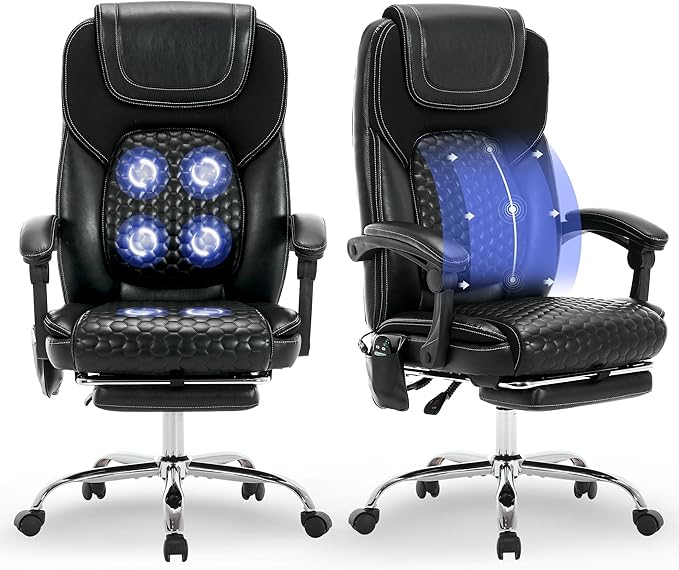 Massage Office Chair with Heat and Footrest –Reclining Desk Chair, Big and Tall Leather Computer Chair with Wheels, PU Executive Office Chair for Home, Gaming, Study, 300 lbs,Black
