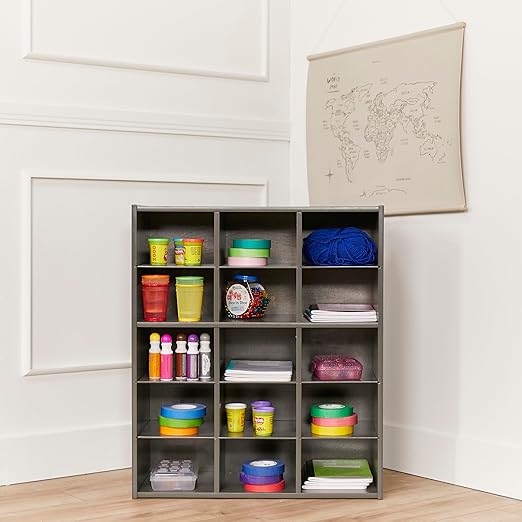ECR4Kids Streamline 15 Cubby Tray Storage Cabinet, 5x3, Classroom Furniture, Grey Wash