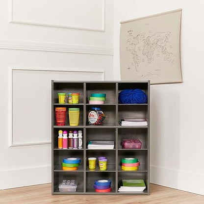 ECR4Kids Streamline 15 Cubby Tray Storage Cabinet, 5x3, Classroom Furniture, Grey Wash