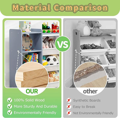 MallBest 4-Tier Kids' Toy Storage Organizer Shelf - 100% Solid Wood,Children's Storage Cabinet with 9 Plastic Bins and 3 Storage Ports(Grey-Single Color)