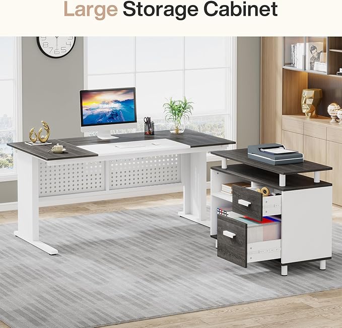 Tribesigns 63 Inch Executive Desk with File Cabinet, L Shaped Office Desk with Drawers and Storage Shelves, Business Furniture Set Workstation for Home Office, Gray and White