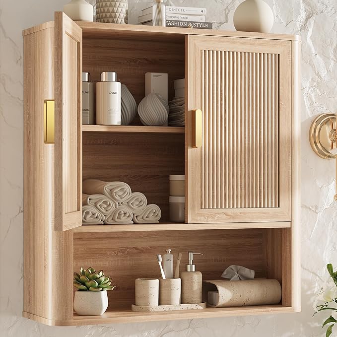 Bathroom Storage Cabinet, Medicine Cabinet with Adjustable Wood Shelf & Doors, Over The Toilet Storage Cabinet for Laundry Room & Kitchen & Living Room (Natural Oak)