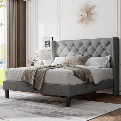 Feonase Queen Bed Frame with Upholstered Wingback Headboard, Platform Bed and Heavy Duty Wooden Slats Support, Easy Assembly, Noise-Free, No Box Spring Needed, Light Gray