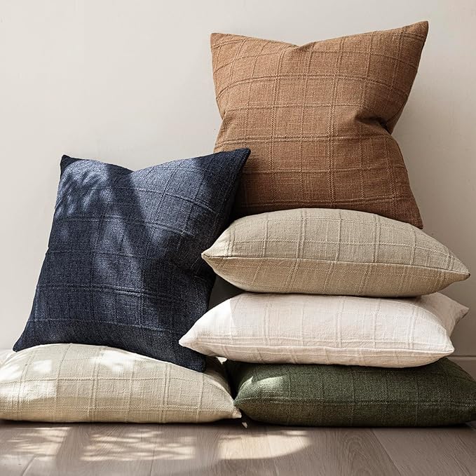 Foindtower Set of 2 Decorative Linen Check Throw Pillow Covers Neutral Farmhouse Vintage Cushion Covers Modern Boho Home Decor for Sofa Chair Couch Bedroom Living Room Outdoor,22×22 Inch,Brick
