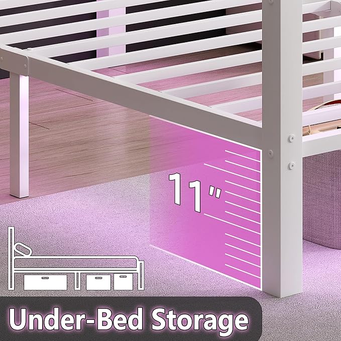 Full Size Bed Frame with Headboard and Footboard,Steel Slats Support-LED Bed Frame with USB Charging Station,Mattress Foundation-Under Bed Storage,No Box Spring Needed,Noise Free,White