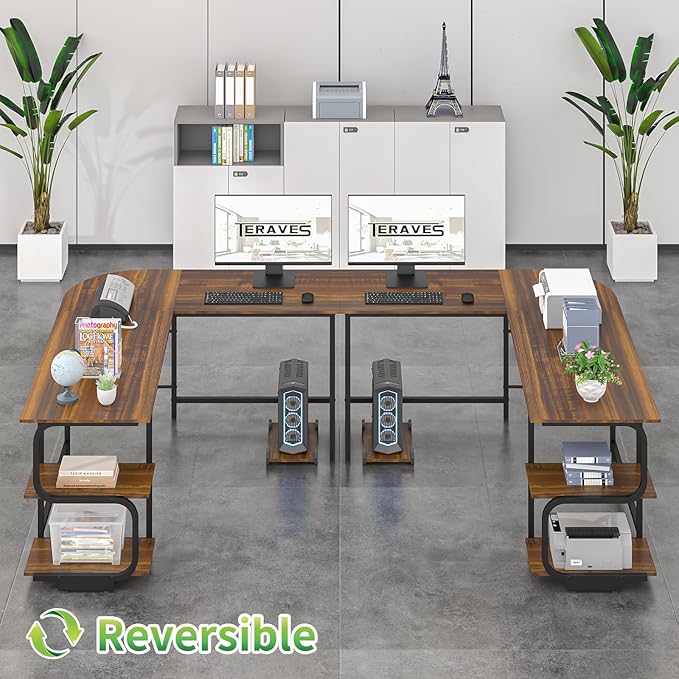 Teraves Reversible L Shaped Desk with Large Surface, 69 Inch Sturdy Corner Desk with Storage Shelves, Premium Office Computer Desk Workstation for Home Office Gaming