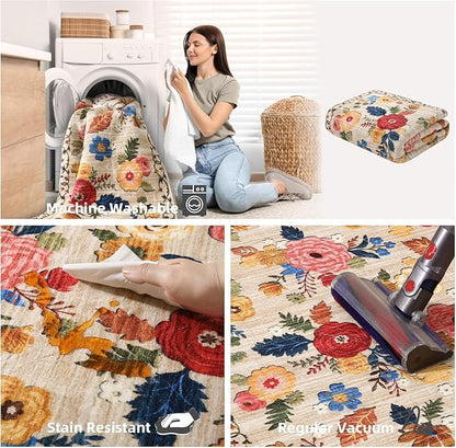3x5 Washable Area Rugs for Bedroom: Entry Throw Rug Stain Resistant Distressed Boho Rug Non Slip Low Pile Small Carpet for Bedroom Kitchen Entryway Living Room Bedside Office Entrance
