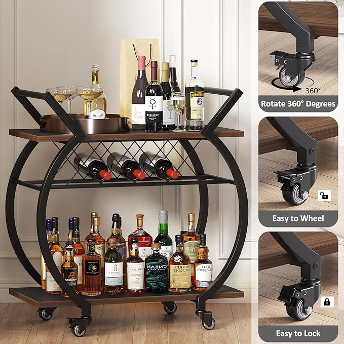 LVB Modern Gold Bar Cart, Industrial Rolling Serving Wine Cart with Wine Rack, Coffee Liquor Drink Cart with Storage and Wheels, Wood and Metal Kitchen Microwave Beverage Cart for Home, Walnut