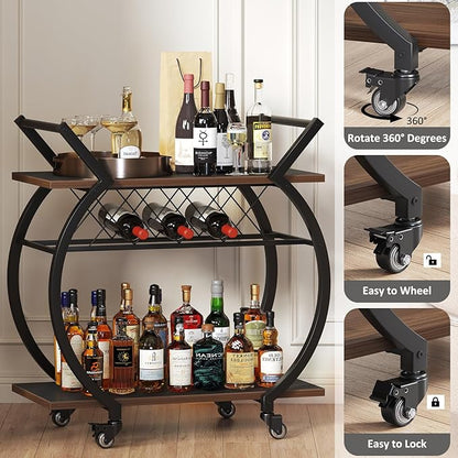 LVB Modern Gold Bar Cart, Industrial Rolling Serving Wine Cart with Wine Rack, Coffee Liquor Drink Cart with Storage and Wheels, Wood and Metal Kitchen Microwave Beverage Cart for Home, Walnut