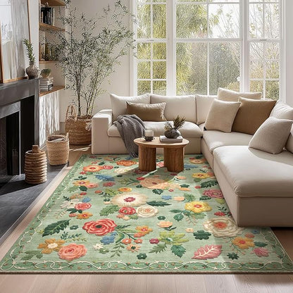 Machine Washable Area Rugs for Bedroom: 5'x7' Living Room Rug Floral Vintage Rug Stain Resistant Non Slip Low Pile Faux Wool Soft Green Rugs for Dining Room Bedside Kitchen Entryway Nursery Office