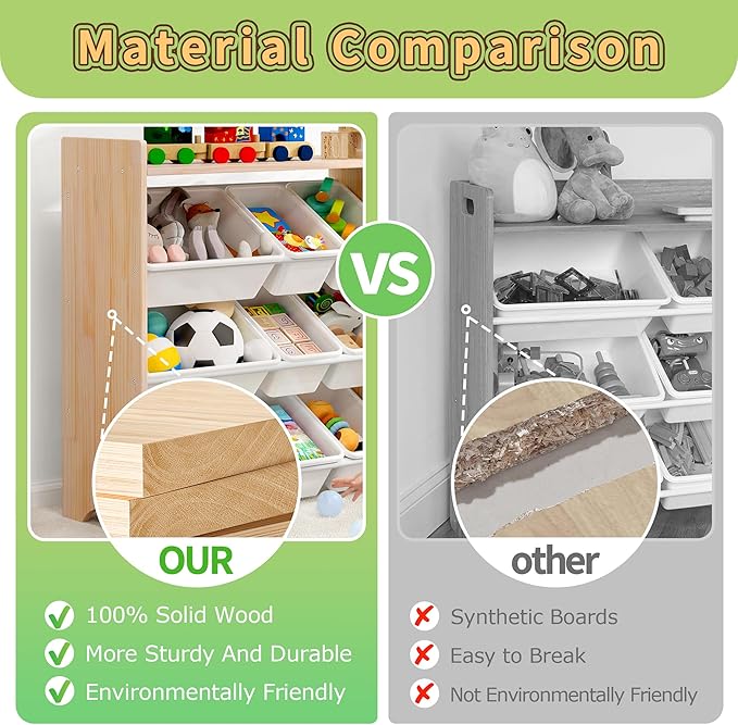MallBest 4-Tier Kids' Toy Storage Organizer Shelf - 100% Solid Wood,Children's Storage Cabinet with 9 Plastic Bins