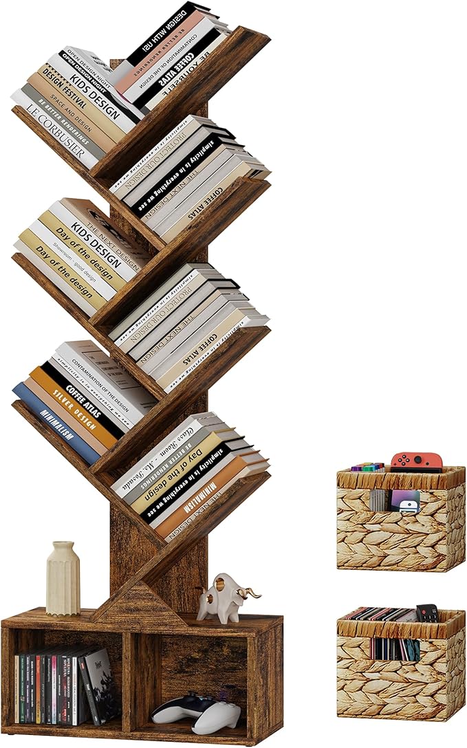 Vagusicc 6 Tier Tree Bookshelf, Small Bookcase with Storage Cabinet, Modern Tall Narrow Bookshelves Organizer, Floor Standing Book Shelf for Bedroom/Living Room/Home Office/Corner, Rustic Brown