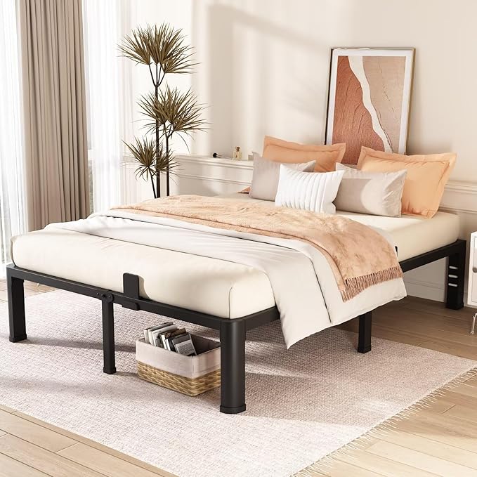 FUIOBYVV 14 Inch Queen Bed Frame with Rounded Corner and Headboard Hole Mattress Retainers 3500 LBS Metal Heavy Duty Steel Slats Support No Box Spring Needed Platform Noise Free Easy Assembly