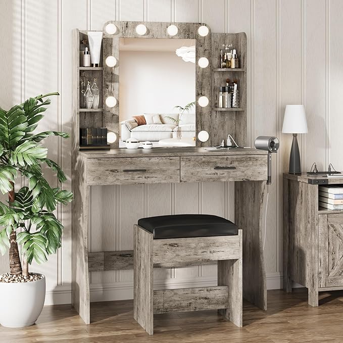 Vabches Vanity Desk with Mirror and Lights,Makeup Vanity Table with Charging Station,2 Drawer Bedroom Dressing Table with 3 Colors Modes Dimming & Cushioned Stool,Light Rustic Oak
