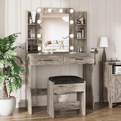 Vabches Vanity Desk with Mirror and Lights,Makeup Vanity Table with Charging Station,2 Drawer Bedroom Dressing Table with 3 Colors Modes Dimming & Cushioned Stool,Light Rustic Oak