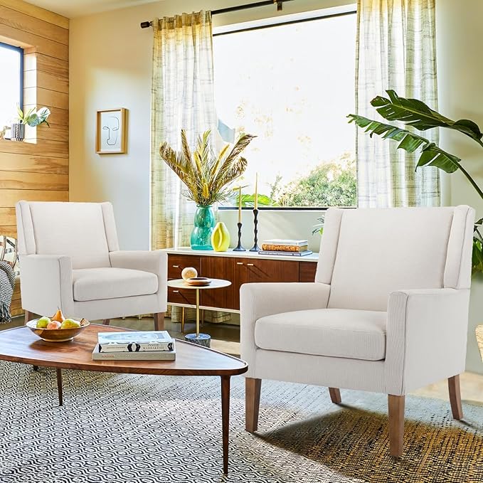 COLAMY Modern Wingback Living Room Chair, Upholstered Fabric Accent Armchair, Single Sofa Chair with Lounge Seat and Wood Legs for Office/Bedroom/Reading Spaces, Beige