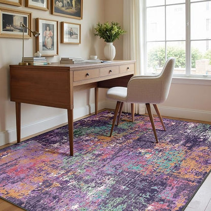 Washable Area Rugs Square 8ft Non-Slip Modern Abstract Soft for Living Room Entryway Bedroom Nursery, Print Pattern, Purple Orange Blue Green Rust Red Colorful
