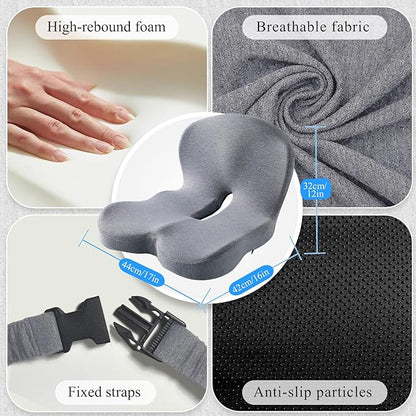Ergonomic Seat Cushion with Adjustable Strap, Memory Foam Office Chair Seat Cushion with L-Shaped Design, Car Seat Cushion Fits for Truck Driver Semi Truck, Gaming Chair, Desk, Light Gray