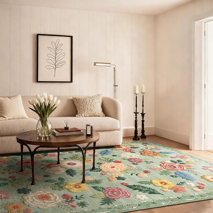 Machine Washable Area Rugs for Bedroom: 5'x7' Living Room Rug Floral Vintage Rug Stain Resistant Non Slip Low Pile Faux Wool Soft Green Rugs for Dining Room Bedside Kitchen Entryway Nursery Office