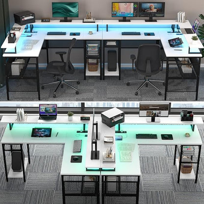 Unikito L Shaped Computer Desk with LED Strip and Power Outlets, Reversible Corner Desk with Monitor Stand and Storage Shelf, Modern Gaming Home Office Table with USB Ports, White