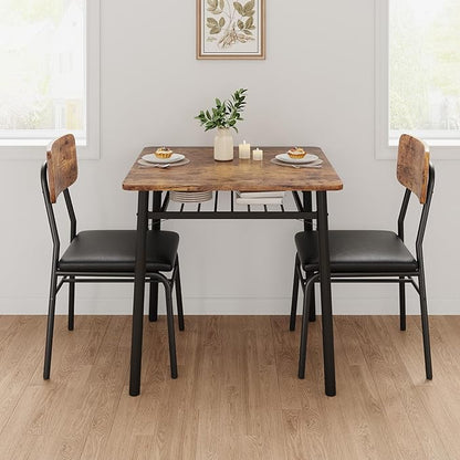 IDEALHOUSE 3-Piece Dining Table Set for 2 with Storage Rack, Wood Kitchen Table with Upholstered Chairs Set of 2, Small Square Table Set with Metal Legs Support, for Dining Room,Living Room