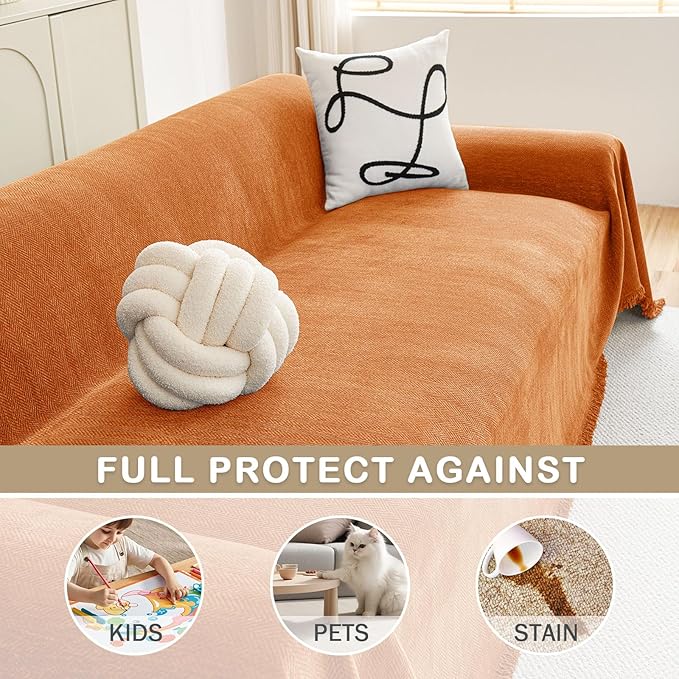 hyha Couch Cover for Dogs, Boho Sofa Covers for 3 Cushion Couch Washable, Chenille Sofa Slipcover for Pets, Soft Loveseat Sectional Couch Throw Blankets with Tassels (Orange, 71x134 Inch)