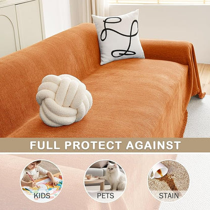 hyha Couch Cover for Dogs, Boho Sofa Covers for 3 Cushion Couch Washable, Chenille Sofa Slipcover for Pets, Soft Loveseat Sectional Couch Throw Blankets with Tassels (Orange, 71x150 Inch)