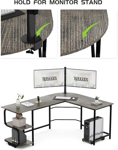 Teraves Reversible L Shaped Desk with Large Surface, 69 Inch Sturdy Corner Desk with Storage Shelves, Premium Office Computer Desk Workstation for Home Office Gaming