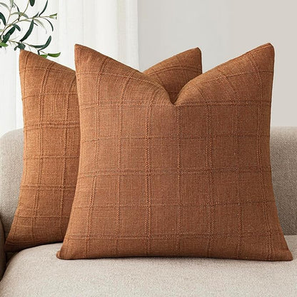 Foindtower Set of 2 Decorative Linen Check Throw Pillow Covers Neutral Farmhouse Vintage Cushion Covers Modern Boho Home Decor for Sofa Chair Couch Bedroom Living Room Outdoor,20×20 Inch,Orange
