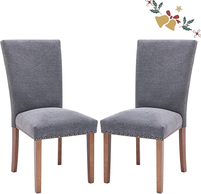 Parsons Dining Chairs Set of 2, Upholstered Nailhead Dining Room Kitchen Side Chair with Thick Cushions and Wood Legs, Dark Grey