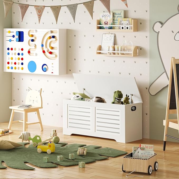 DINZI LVJ Storage Chest, 43.3” Wooden Toy Box with 2 Safety Hinges, Retro Entryway Shoe Storage Bench with Flip-Top, Sturdy Large Storage Trunk for Living Room, Bedroom, Easy Assembly, White