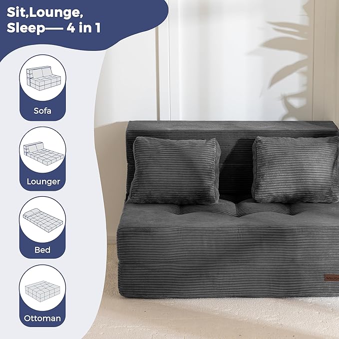 MAXYOYO Convertible Sofa Bed, Fold Out Loveseat Sleeper Sofa with Pillow, 4 in 1 Tufted Folding Couch Bed Foam Floor Couch, Lazy Chair for Living Room Bedroom Guest Room, Dark Grey