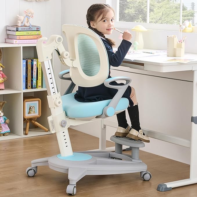 Ergonomic Kids Desk Chair with Footrest & Height-Adjustable Seat, Multifunctional for Study, Work & Dining – Comfy Cushion & Smooth Wheels for Boys & Girls (Blue)