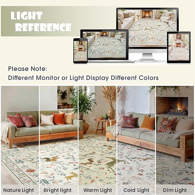 6x9 Area Rugs Washable Rug: Lagre Boho Living Room Rug Soft Non-Slip Thin Carpet Indoor Floor Non-Shedding Neutral Floral Carpets for Bedroom Dining Room Farmhouse Nursery Beige Animal