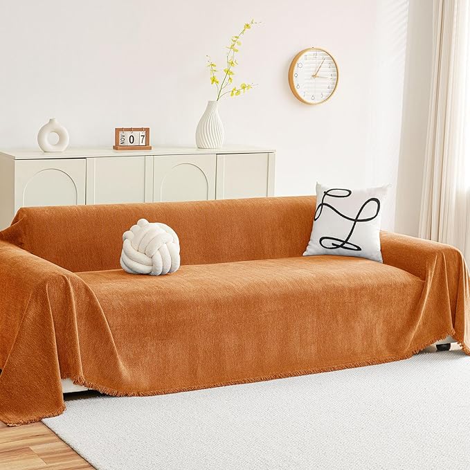 hyha Couch Cover for Dogs, Boho Sofa Covers for 3 Cushion Couch Washable, Chenille Sofa Slipcover for Pets, Soft Loveseat Sectional Couch Throw Blankets with Tassels (Orange, 71x150 Inch)
