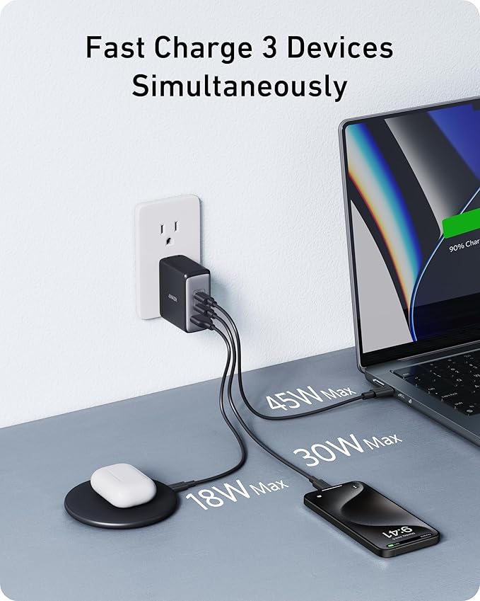 Anker Nano 100W USB-C Charger, 3-Port Fast Compact GaN Charger for MacBook Pro/Air, Pixelbook, ThinkPad, Dell XPS, iPad Pro, iPhone 16 Series, Galaxy S23, and More (Black, 1 Pack & 1 Cable)