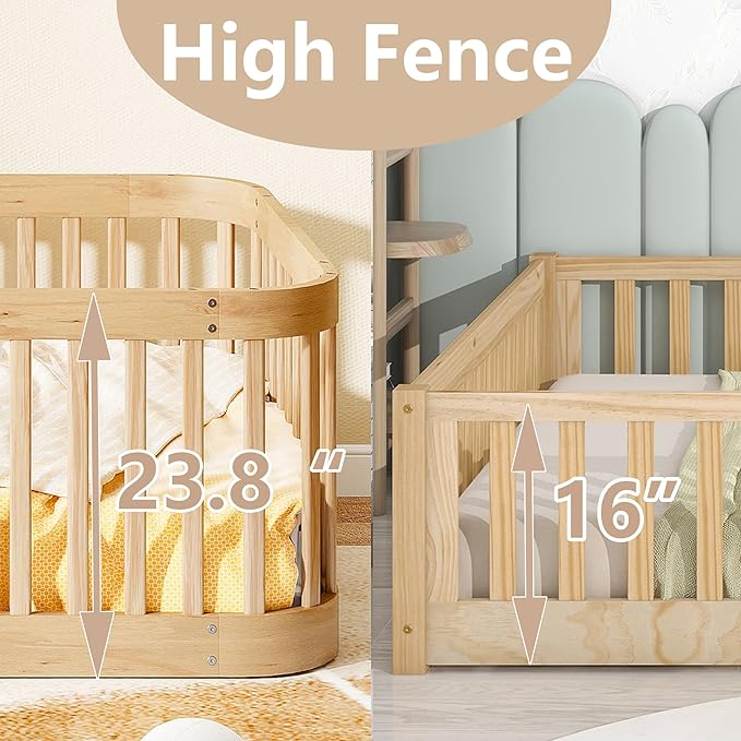 Bellemave Twin Floor Bed with High Fence and Rounded Corner Design, Wood Montessori Floor Bed with Guardrail and Entrance, Easy Assemble Montessori Bed Twin Size, Natural