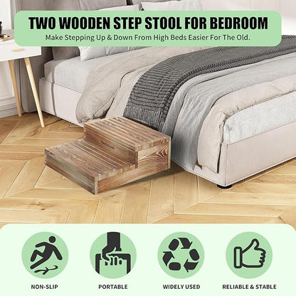 Wooden 2 Step Stool for High Beds, Moderate & Applicable 2-Step Stools for Seniors, Solid Wood steppingStool, Built-in Handle for Easy Carrying, 20.0" W
