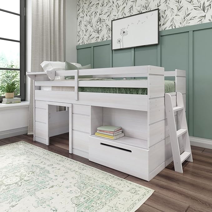 Max & Lily Loft Bed Twin Size, Solid Wood Low Loft Bed with Storage Drawer and Ladder, Modern Farmhouse Loft Bed for Kids, White Wash