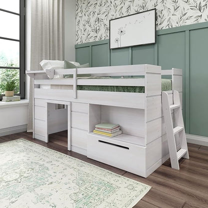 Max & Lily Loft Bed Twin Size, Solid Wood Low Loft Bed with Storage Drawer and Ladder, Modern Farmhouse Loft Bed for Kids, White Wash