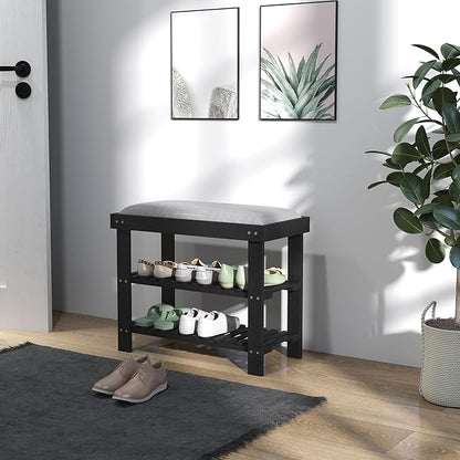 HOMCOM Bamboo Shoe Bench, 3-Tier Entryway Bench with Storage and Cushion, Shoe Organizer for Entryway, Hallway, Holds Up to 331 lbs, 23.6 x 11.4 x 19.3 Inches, Black