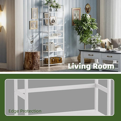 5-Tier Bookshelf, Industrial Bookcase with Bamboo Frame, Modern Display Standing Shelf Unit, Tall Wood Storage Organizer for Living Room, Home Office, White