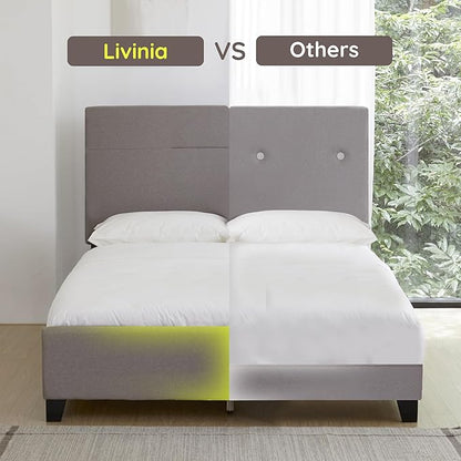 Livinia Amelia Queen Size Platform Bed, Fabric Upholstered Queen Bed Frame with Height Adjustable Headboard Footboard, Strong Wood Slats, No Box Spring Needed, Brown